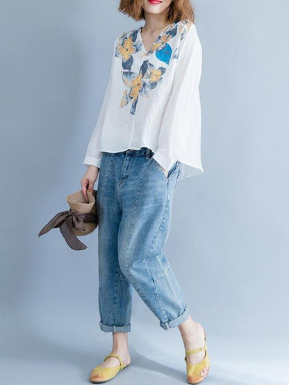 Loose Plus Size Flower Printed Blouse Tops