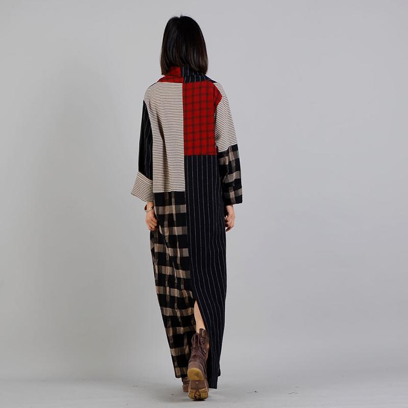 Buykud Stripe And Plaid Irregular Spliced Retro Loose Dress