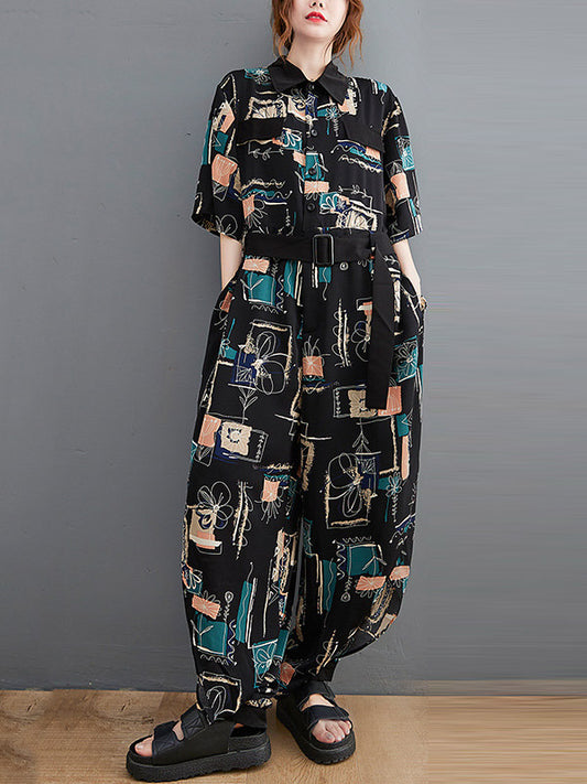 Stylish Printed Belted Split-Side Lapel Short Sleeves Loose Jumpsuits