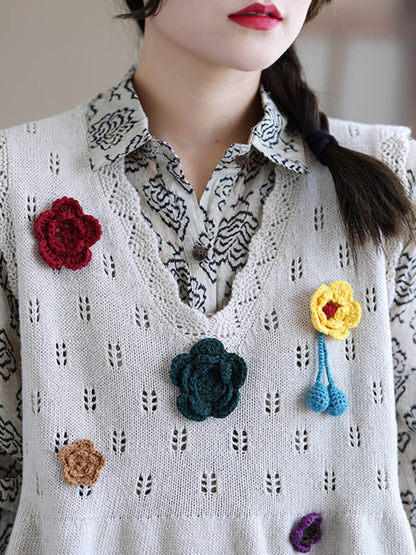 Vintage Knitting Sleeveless Applique V-Neck Vest Top
