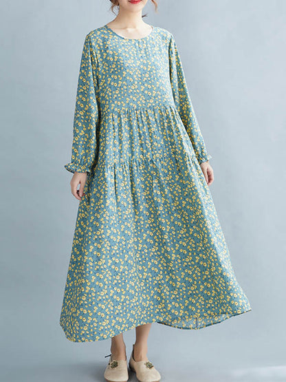 Artistic Retro Floral Printed Pleated Round-Neck Long Sleeves Midi Dress