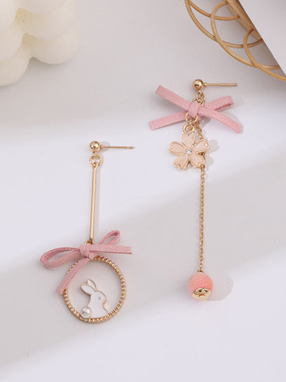 Cute Flower Rabbit Shape Bow-Embellished Asymmetric Earrings