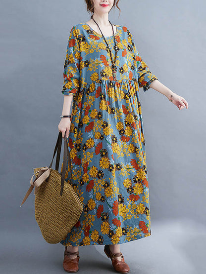 Vintage Floral Round-Neck Long Sleeves A-Line Maxi Dress