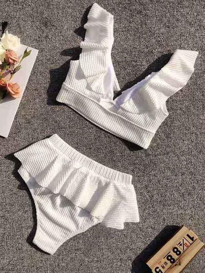 Textured Ruffled Top With High Cut Bikini Set
