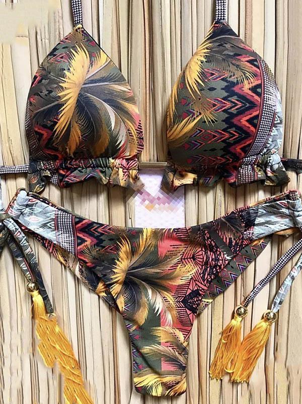 Retro Printed Bandage Split Bikini Swimsuit