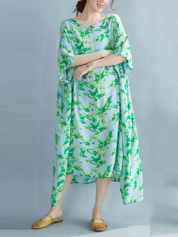 Stylish Printed Round-Neck Batwing Sleeve Midi Dress