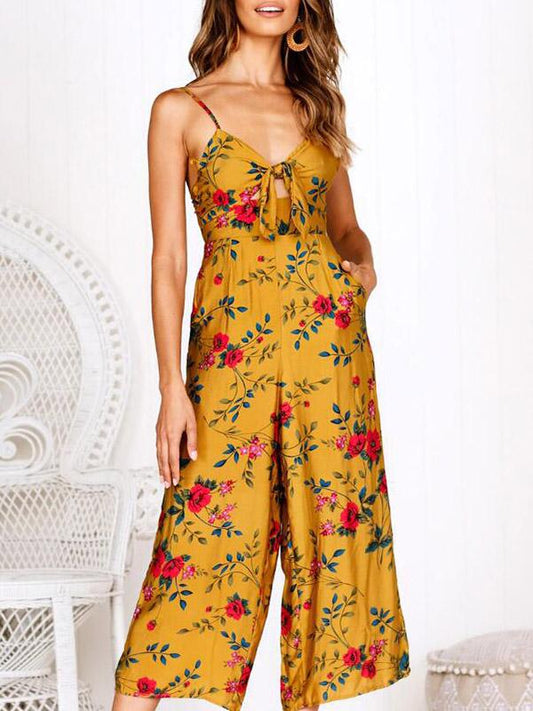 Bowknot Printed Loose Bohemia Jumpsuits