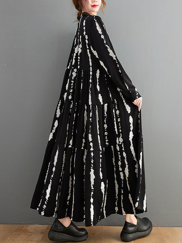 Stylish Buttoned Printed Long Sleeves Stand Collar Loose Midi Dress