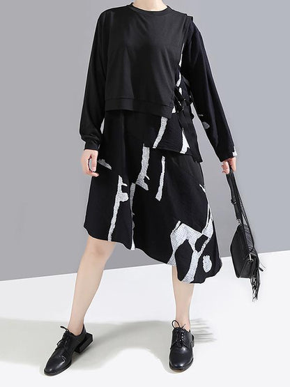 Round-Neck False Two Dress Asymmetric Long Sleeve Printed Dress With Bandage