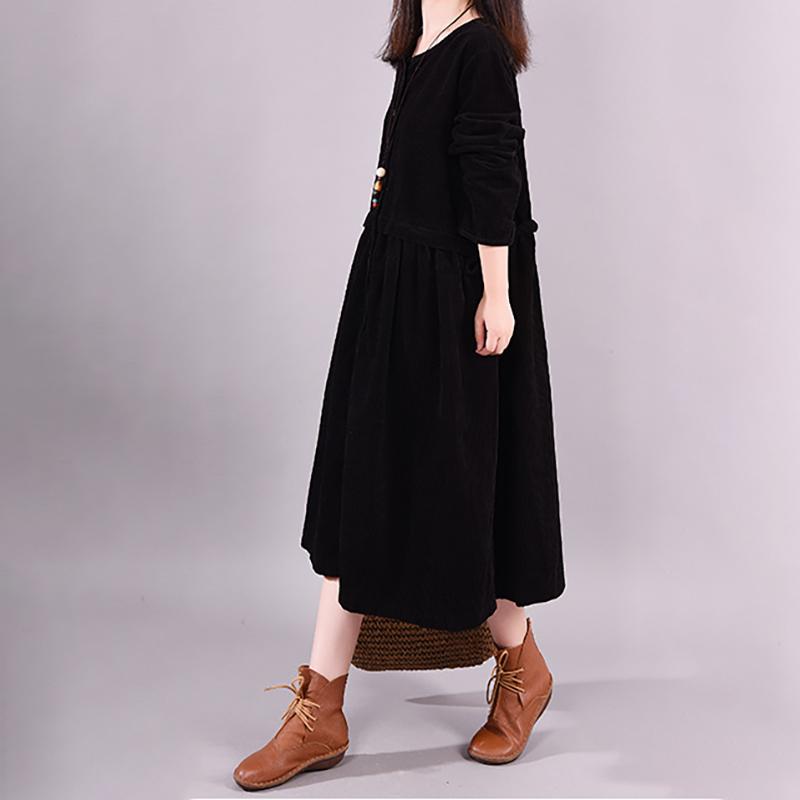 Buykud Long Sleeve Round Neck Corduroy Casual Midi Dress