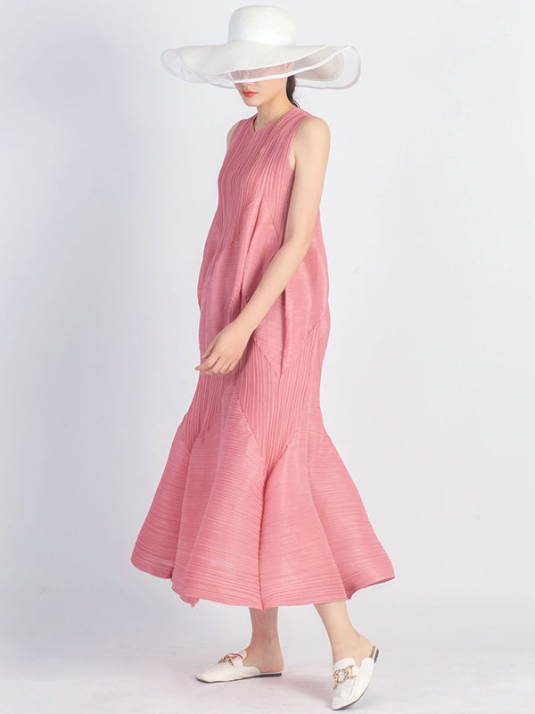 Casual Sleeveless Loose Pleated Solid Color Round-Neck Midi Dresses