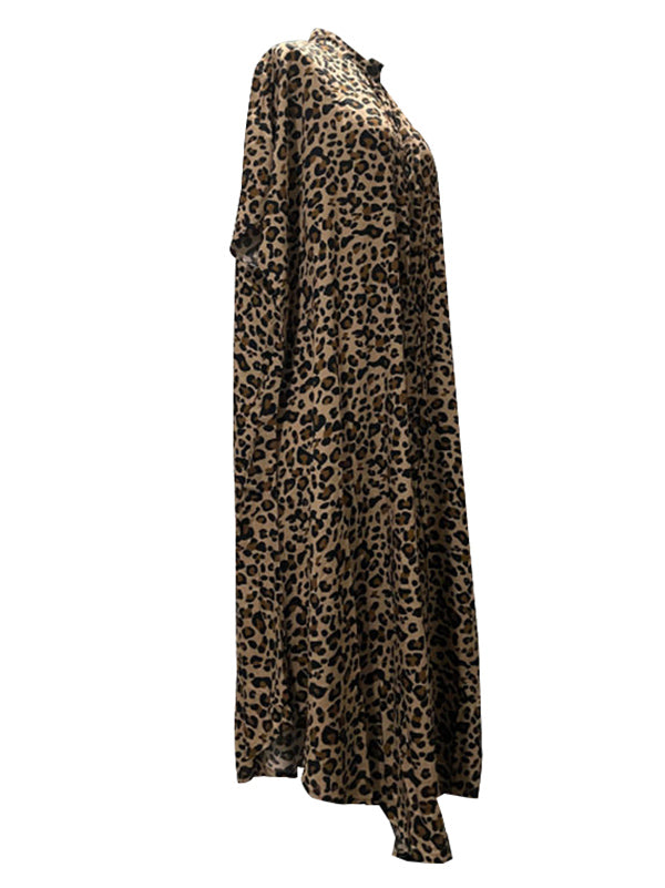 Stylish Loose Leopard Batwing Sleeves Stand Collar Maxi Dress