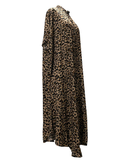 Stylish Loose Leopard Batwing Sleeves Stand Collar Maxi Dress