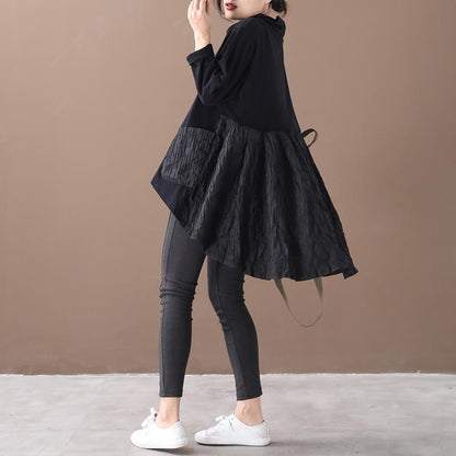 Buykud Casual Pleated Patchwork Irregular Hem Loose Dress