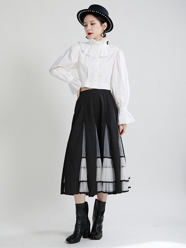 Stylish Solid Color Falbala Buttoned Pleated Stand Collar Long Puff Sleeves High-Waist Blouse