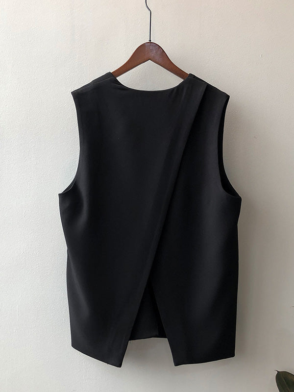 Urban Solid Color Split-Joint With Pocket Split-Back V-Neck Sleeveless Vest Outwear