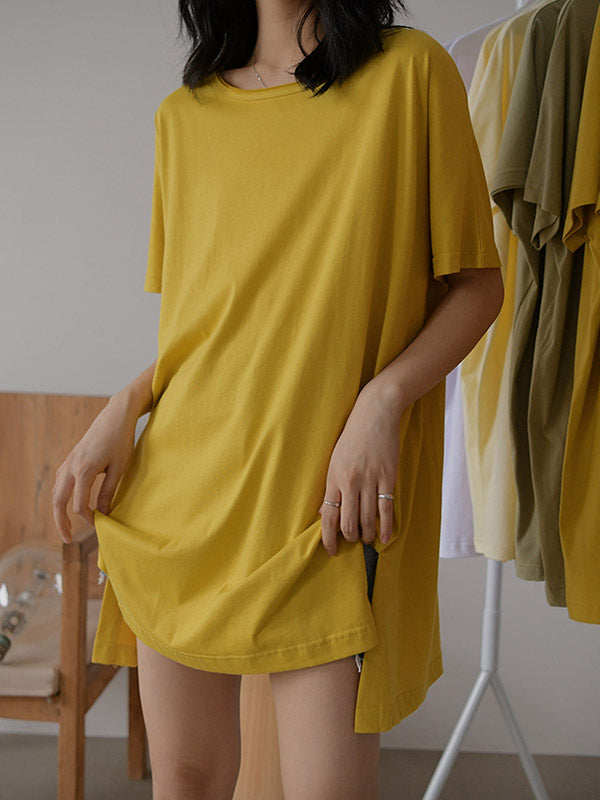 Simple Casual Loose 5 Colors Split-Side Round-Neck Short Sleeves T-Shirt Tops