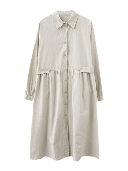Casual Solid Color Pleated Buttoned Lapel Collar Long Sleeves Midi Shirt Dress
