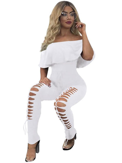 Off-The-Shoulder Lotus Leaf Sleeves Solid Sexy Jumpsuit