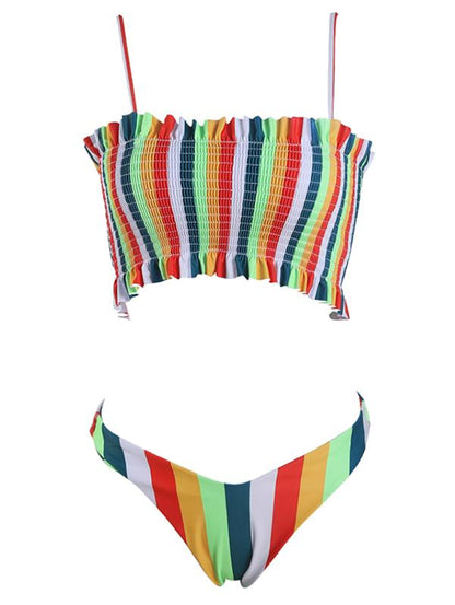 Striped Top Smocked Bikini Set