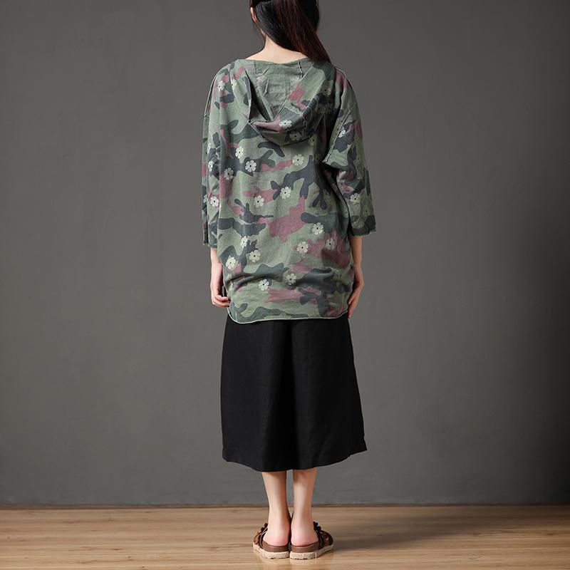 Camouflage Casual Irregular Hem Women Hooded Collar Shirt