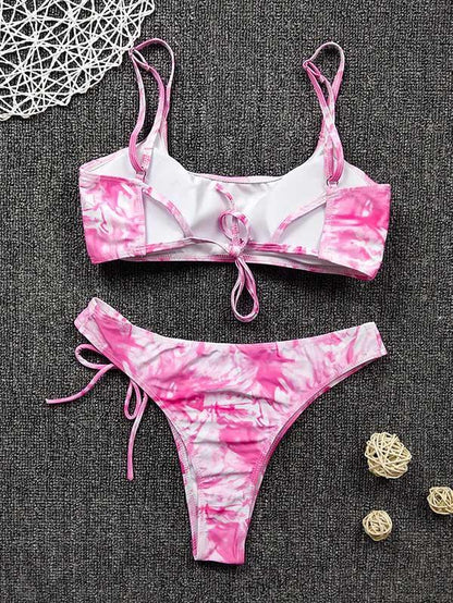 Spaghetti-Neck Tie-Dyed Bikini Swimsuit