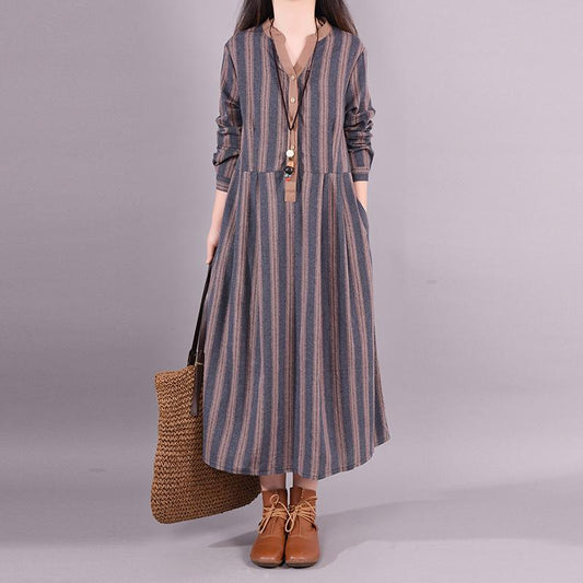Buykud Retro Striped Folded Comfortable Loose Dress