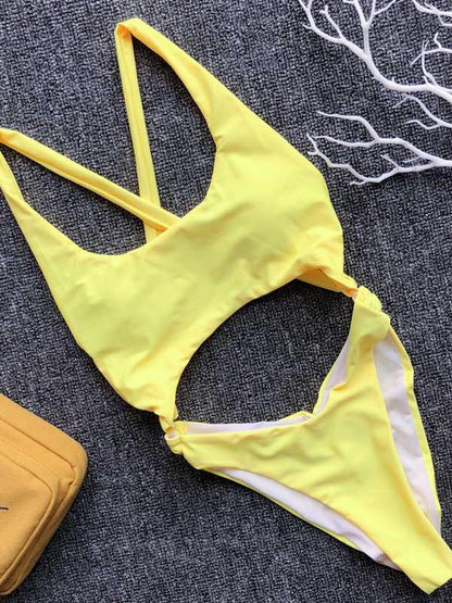 Backless Plain One-piece Swimsuit