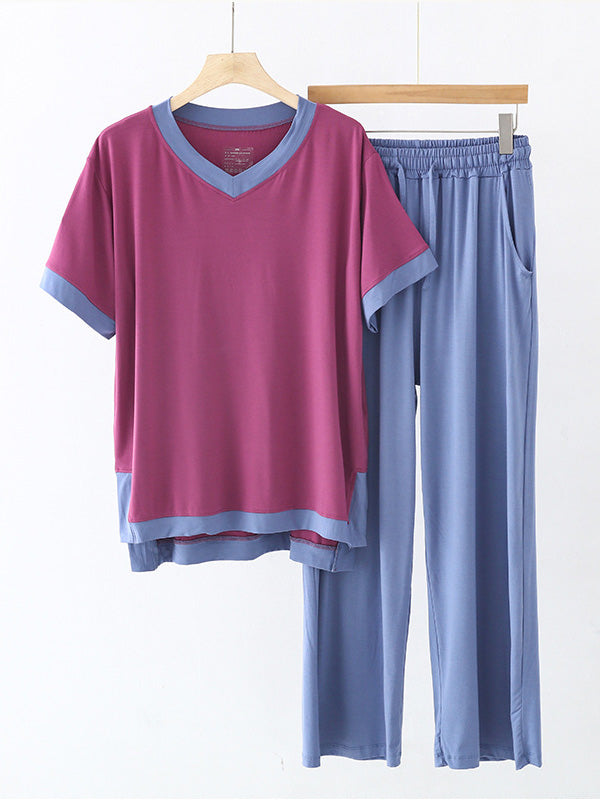 Comfortable Short Sleeve V-Neck T-Shirt&Pants Pajama Set