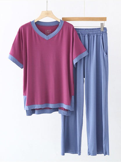 Comfortable Short Sleeve V-Neck T-Shirt&Pants Pajama Set