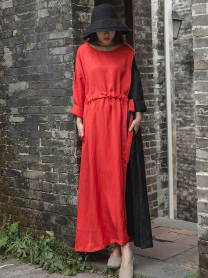 Color Blocking Tencel Linen Round-neck Long Dress