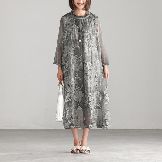 Embroidery Silk Floss Elegant Long Sleeve Dress