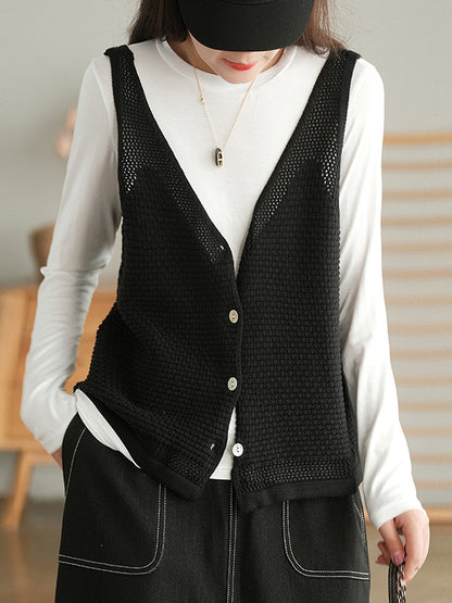 Simple Solid Color Buttoned V-Neck Hollow Vest Tops