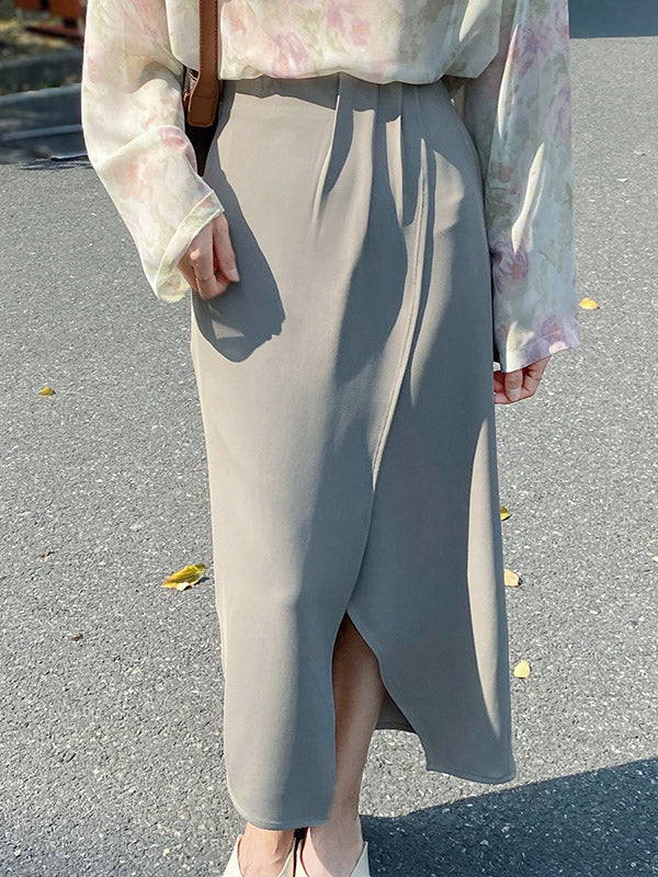 Stylish Solid Color Asymmetric Split-Front Elastics A-Line Skirts