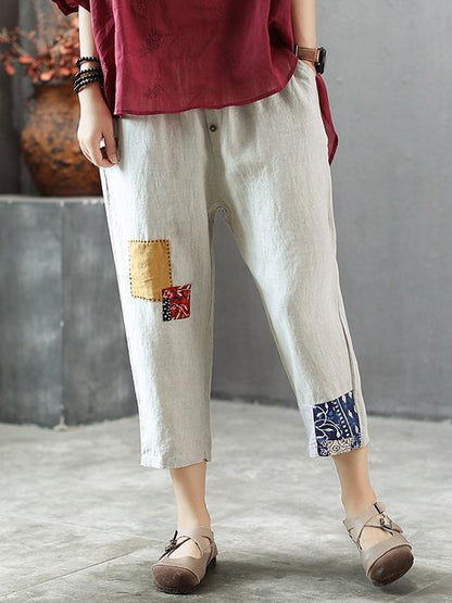 Vintage Loose Split-joint Elastic Waist Design Harem Pants