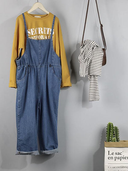 Maternity Elastic Waistband Spaghetti-neck Denim Jumpsuits