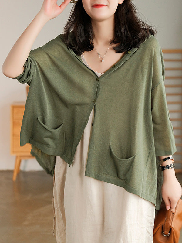 Casual Batwing Sleeve Hooded High-Low V-Neck Buttoned Cardigans