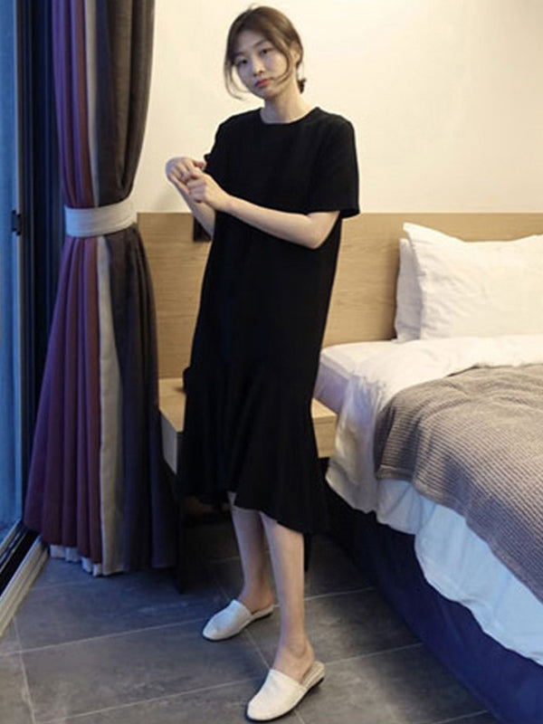 Original Solid Color Short Sleeve Falbala Midi Dress