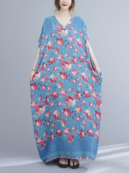 Loose Floral Printed V-Neck Short Sleeves Maxi Dress