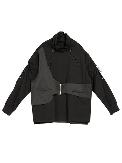 Autumn Loose Drawstring High-Neck False Two T-Shirt