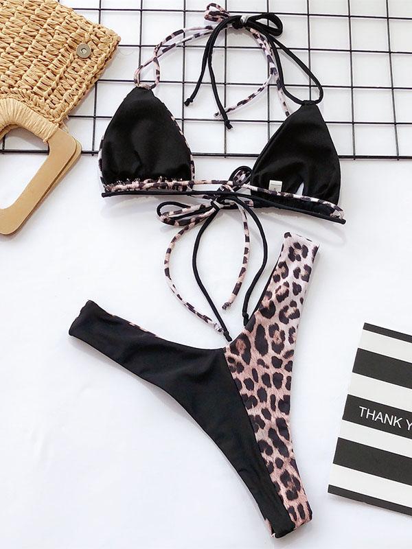 Leopard Stitching Halter Bikini Swimsuit