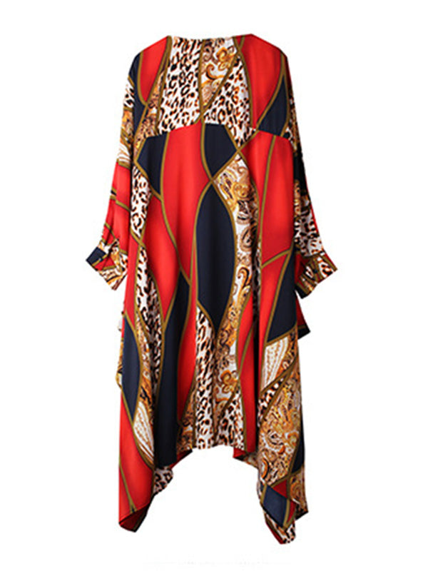 Casual Loose Split-Joint Contrast Color Leopard Floral Printed Lapel Collar Long Sleeves Midi Dress