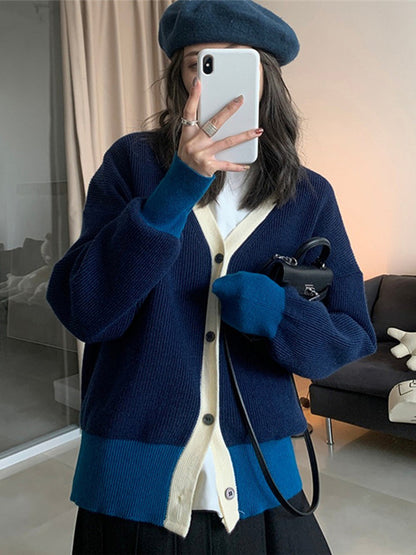 Causal Contrast Color Buttoned V-Neck Long Sleeves Cardigan Outwear