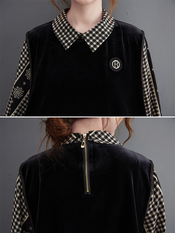 Casual Loose Plaid Floral Printed Lapel Collar Long Sleeves False Two Blouse