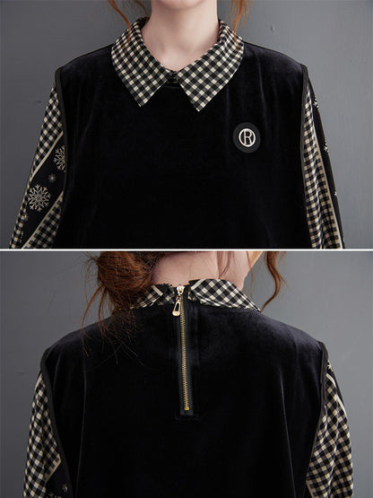 Casual Loose Plaid Floral Printed Lapel Collar Long Sleeves False Two Blouse