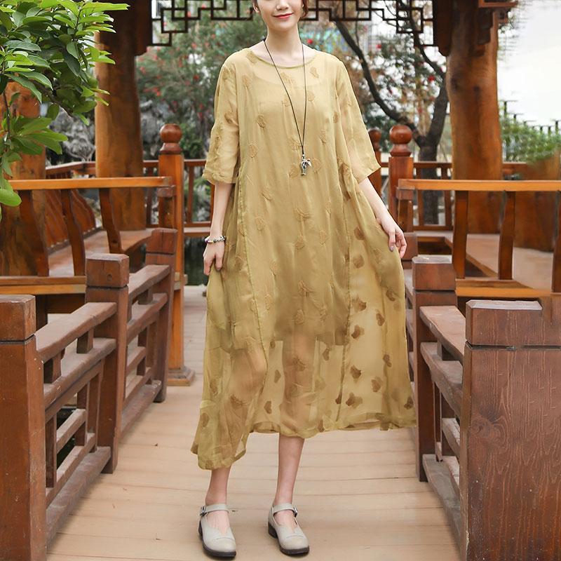 Embroidery Round Neck Half Sleeve Casual Yellow Dress