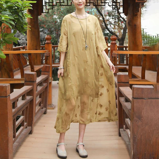 Embroidery Round Neck Half Sleeve Casual Yellow Dress