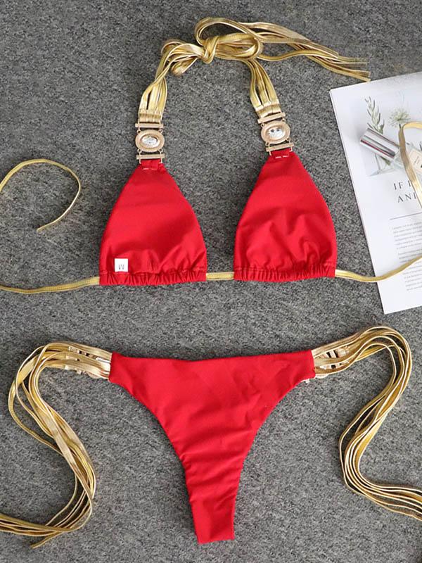 Gorgeous Embellished Triangles Bandage Split Bikini Swimsuit