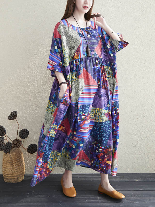 Loose Floral Printed Pleated Round-Neck Half Sleeves Midi Dress
