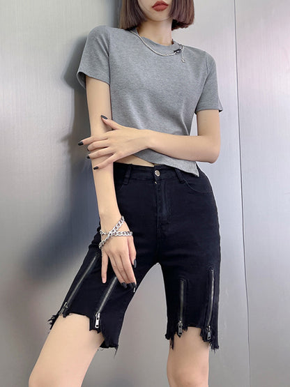 Hip-Hop Stylish Black Irregular Clipping Fringed Zipper Wrap Denim Shorts